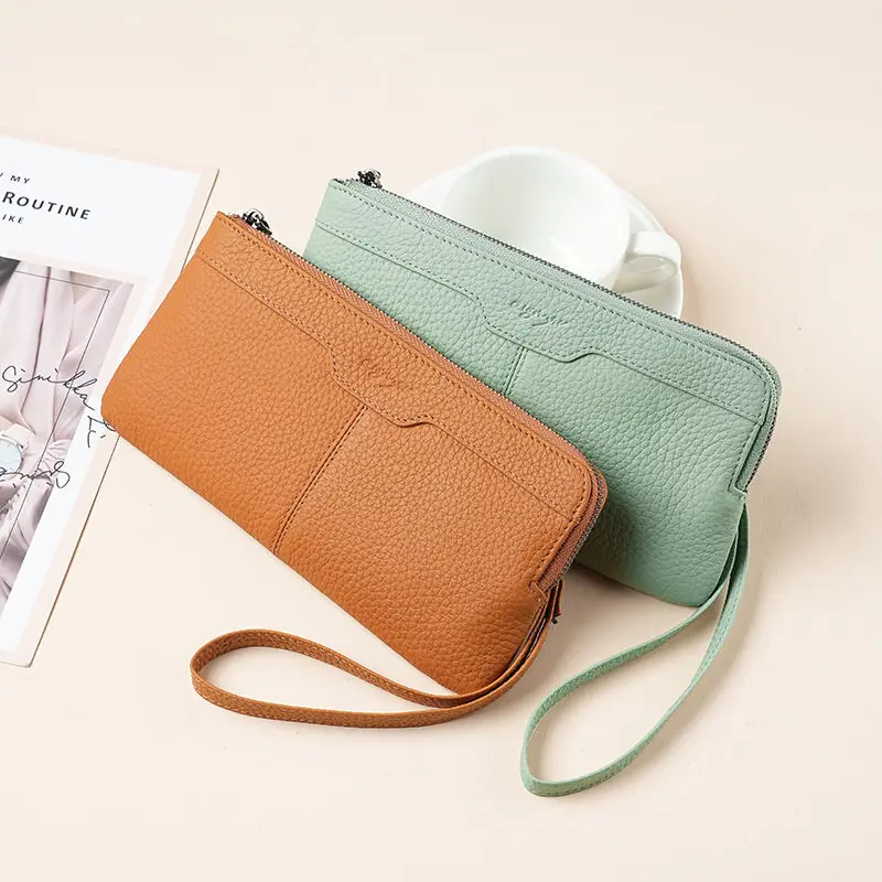 Wristlet Wallet Zipper - Portefeuille long en cuir véritable avec